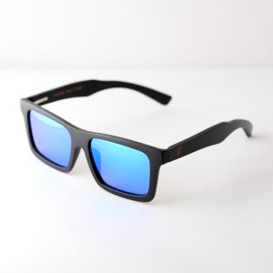 bamboo sunglasses on white background, with black arms and matte black frames. blue reflective lenses. Designed in Canada